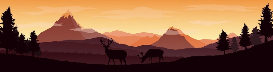 Nature landscape background with silhouettes of mountains and trees