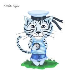 White Tiger sailor in cap with compass on green grass isolated on white background, Vector cartoon cute illustration, Character design for greeting card, children invitation, element pattern wallpaper
