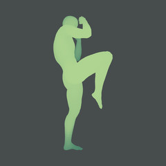 Kickbox Fighter Preparing to Execute a High Kick. Fitness, Sport, Training and Martial Arts Concept. 3D Model of Man. Human Body. Design Element. Vector Illustration.