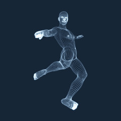 Fototapeta na wymiar A football player from particle. 3D Model of Man. Human Body. Sport Symbol. Design Element. Vector Illustration.