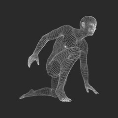 Athlete at Starting Position Ready to Start a Race. Runner Ready for Sports Exercise. Human Body Wire Model. Sport Symbol. 3d Vector Illustration.