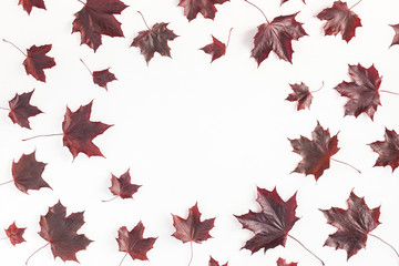 Autumn composition. Frame made of autumn red maple leaves on white background. Flat lay, top view