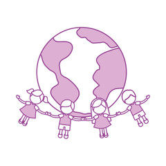 Children holding hands around the world vector illustration design