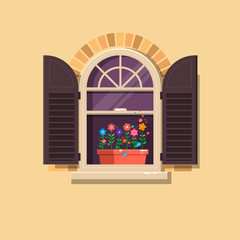 Vector window with brown shutters and flower pots on a brick wall.Cartoon house element.
