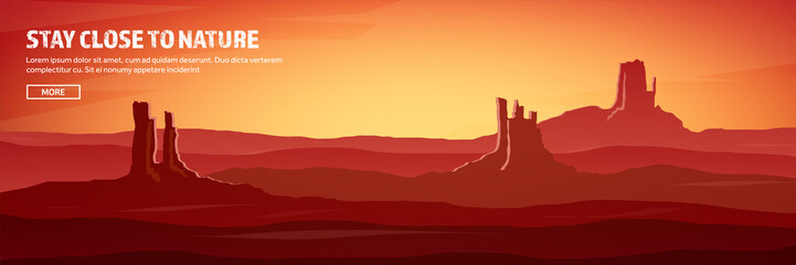 Desert trip header. Extreme tourism and travelling. Back to nature. Sands.Exploring Africa. Horizont line with sky,stars. Mountaines, flying birds.