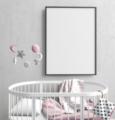 Mock up poster in interior of the child. sleeping place. modern style. 3d illustration