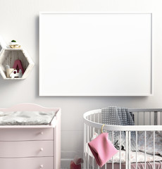 Mock up poster in interior of the child. sleeping place. modern style. 3d illustration