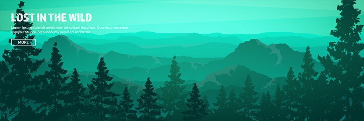 Mountains and forest header. Wild nature landscape. Travel and adventure.Panorama. Into the woods. Horizon line.Trees,fogfog.