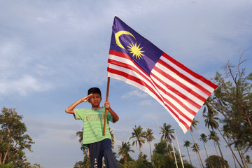 The Concept of Independence Day - a boy holding the Malaysian flag on the shore