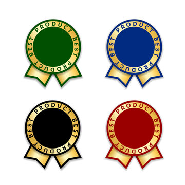 Ribbons award best product of year set. Gold ribbon award icons isolated white background. Best product golden label for prize, badge, medal, guarantee quality product Vector illustration