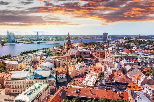 Panorama view from Riga cathedral on old town of Riga, Latvia