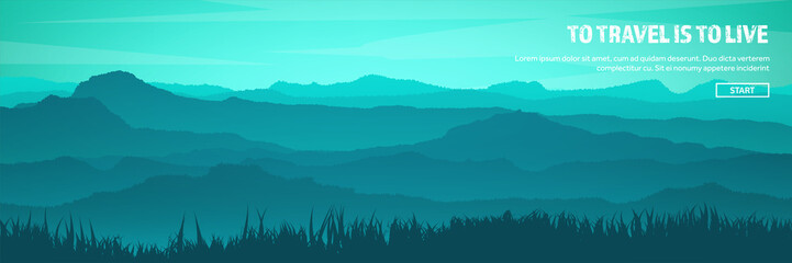 Mountains and forest header. Wild nature landscape. Travel and adventure.Panorama. Into the woods. Horizon line.Trees,fogfog. © 32 pixels