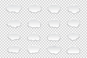 Vector set of isolated realistic paper cloud speech bubbles on the transparent background.