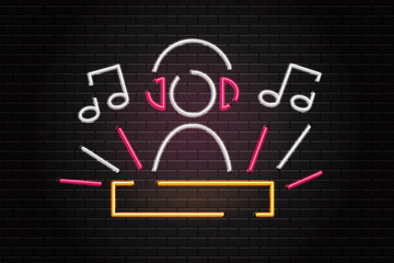 Vector realistic isolated neon retro sign of dj and notes for decoration and covering on the wall background. Concept of music, dj profession and disco.