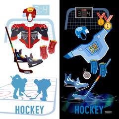 Hockey banner. World ice hockey championship, players shoots the puck and attacks, signs and symbols elements of professional hockey
