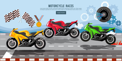 Motorcycle races banner, motorcycle racing championship on the racetrack