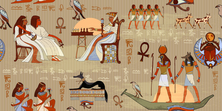 Egyptian gods and pharaohs seamless pattern. Murals ancient Egypt seamless pattern. Hieroglyphic carvings on the exterior walls of an ancient egyptian pattern