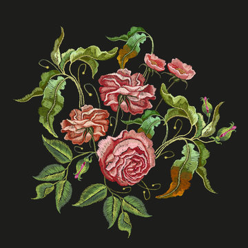 Roses Embroidery. Classical Embroidery Vintage Buds Of Roses On Black Background. Fashionable Template For Design Of Clothes, T-shirt Design, Tapestry Flowers Renaissance Style Vector