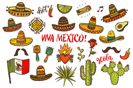 hand drawn colored Mexican elements collection.  Independence day, Cinco de mayo celebration, party doodle decorations for your design.