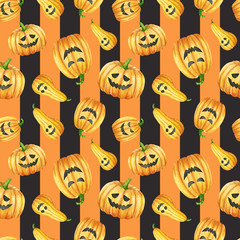 Happy Halloween seamless pattern background. Funny pumpkins smile. Watercolor illustration