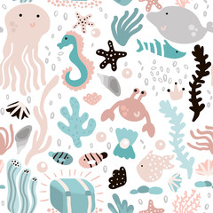 Naadloze patroon met onderzeese elementen en vis, octopus, walvis, zeewier, krab. Kinderachtige textuur voor stof, textiel. Vector achtergrond