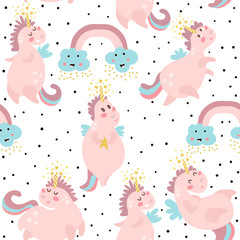 Cute seamless pattern with fairy unicorns. Childish texture for fabric, textile. Scandinavian style. Vector Illustration