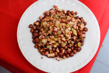 Grey peas with bacon and onions Latvian-style. Traditional national dish for Christmas in Latvia, eastern Europe