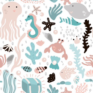Seamless pattern with undersea elements and fish,octopus,whale,seaweeds,crab. Childish texture for fabric, textile. Vector background © solodkayamari