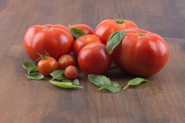 Mehrere unterschiedlich große Tomaten mit Basilikum auf Holzbrett