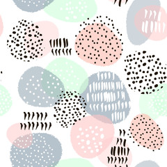Seamless abstract pattern with hand drawn shapes and elements. Vector trendy texture