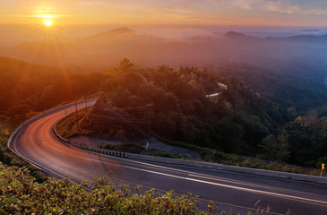 Beautiful winter sunrise landscape viewpoint at km.41 of  Doi Inthanon Chiang Mai Thailand