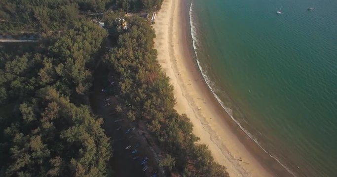 River Creek And Fishing Boats Behind Layan Beach In Phuket, Thailand, Overhead Shot With Tilt
