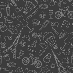 Seamless pattern on the theme of travel in the country of France, simple contour icons , light outline on a dark background