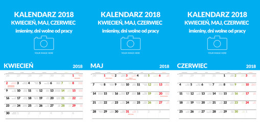 Polski kalendarz ścienny format A3 zawiera imieniny i święta. Trzy miesiące Kwiecień, Maj, Czerwec. Pozostałe w innych plikach