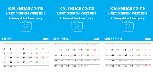 Polski kalendarz ścienny format A3 zawiera imieniny i święta. Trzy miesiące Lipiec, Sierpień, Wrzesień. Pozostałe w innych plikach