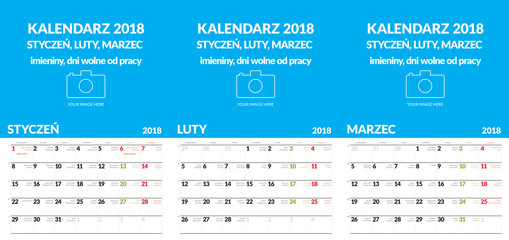 Polski kalendarz ścienny format A3 zawiera imieniny i święta. Trzy miesiące Styczeń - Marzec. Pozostałe w innych plikach