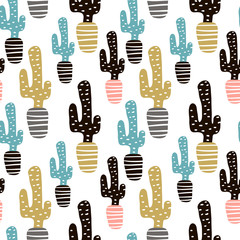 Seamless pattern with cactuses and hand drawn textures.Perfect for fabric,textile. Creative Vector background