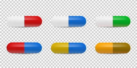 Vector isolated realistic pills on the transparent background for decoration and covering. Concept of medicine, healthcare and doctor profession.