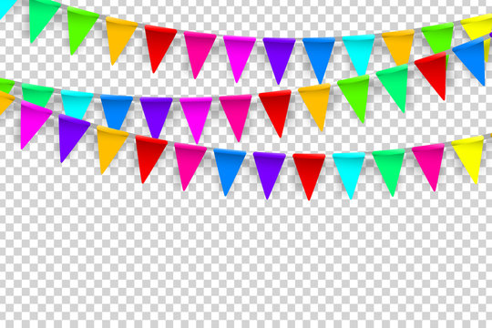 Vector realistic isolated party flags for decoration and covering on the transparent background. Concept of birthday, holiday and celebration.