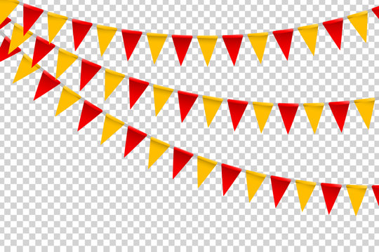 Vector realistic isolated party flags for decoration and covering on the transparent background. Concept of birthday, holiday and celebration.
