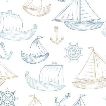Boat graphic blue brown color sketch seamless pattern illustration vector