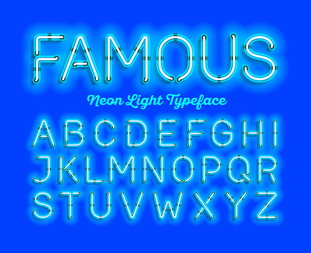Famous, neon light typeface. Blue modern neon tube glow font