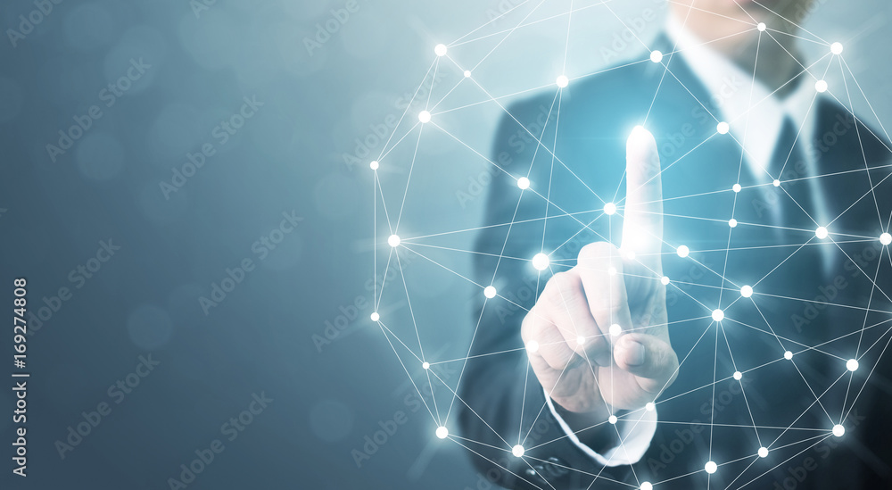 Poster businessman hand touching global network connection system with space for your message