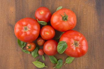 Unterschiedlich große, aus der Vogelperspektive gesehene Tomaten, mit Basilikum auf Holzbrett