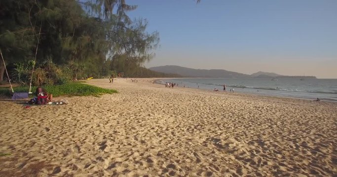 Tropical Beach And Pine Trees At Layan, Phuket, Thailand, Aerial Push Through Shot
