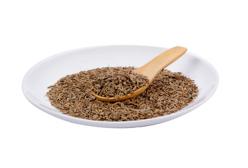 celery seed in wood spoon and white plated  isolated  on white background