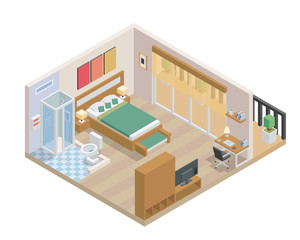 Modern Isometric  Design - Bedroom And Bathroom