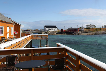 Fototapeta na wymiar Houses and veranda off the coast. Islands of Lofoten, .