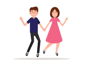 Happy. Couple of young people jumping on a white background. Character flat style.