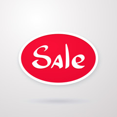 Vector illustration. Oval red tag of special offer sale. Discount price label. Sale promo marketing and symbol of advertising campaign in retail for shopping days. Sticker isolated on white background
